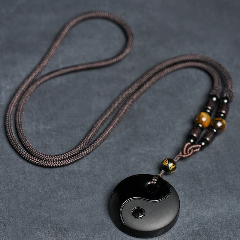 Fortune Jewel Yin Yang Symbol Om Mani Padme Hum Black Obsidian Strength Necklace Pendant - Fortune Jewel