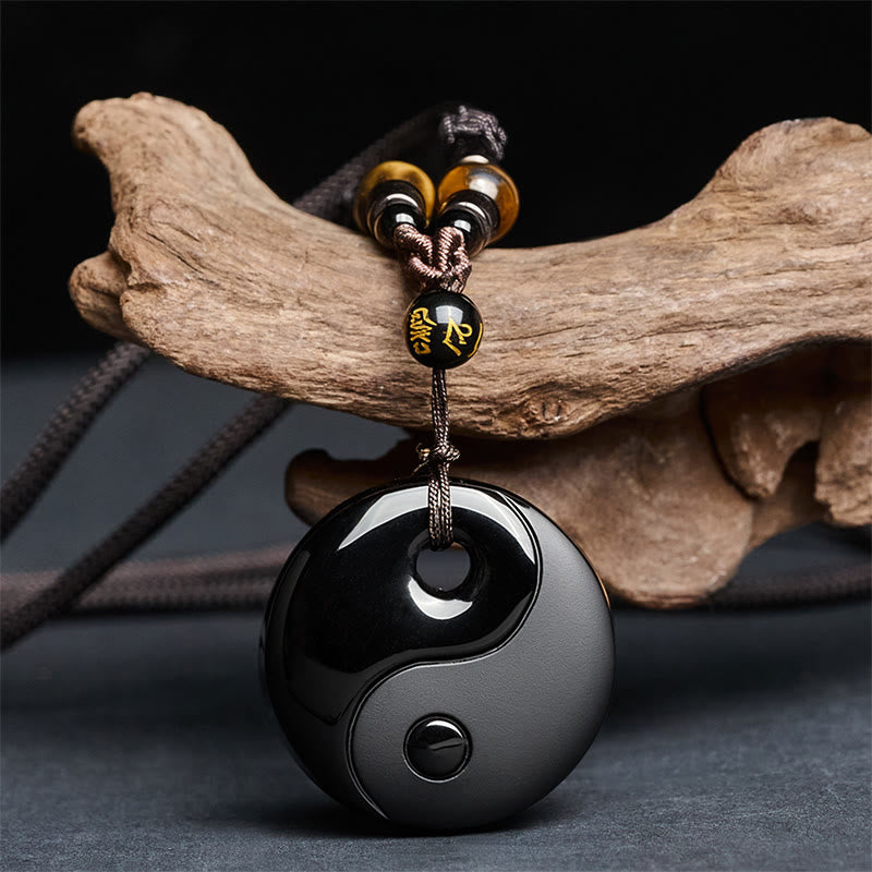 Fortune Jewel Yin Yang Symbol Om Mani Padme Hum Black Obsidian Strength Necklace Pendant - Fortune Jewel