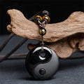 Fortune Jewel Yin Yang Symbol Om Mani Padme Hum Black Obsidian Strength Necklace Pendant - Fortune Jewel