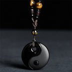 Fortune Jewel Yin Yang Symbol Om Mani Padme Hum Black Obsidian Strength Necklace Pendant - Fortune Jewel