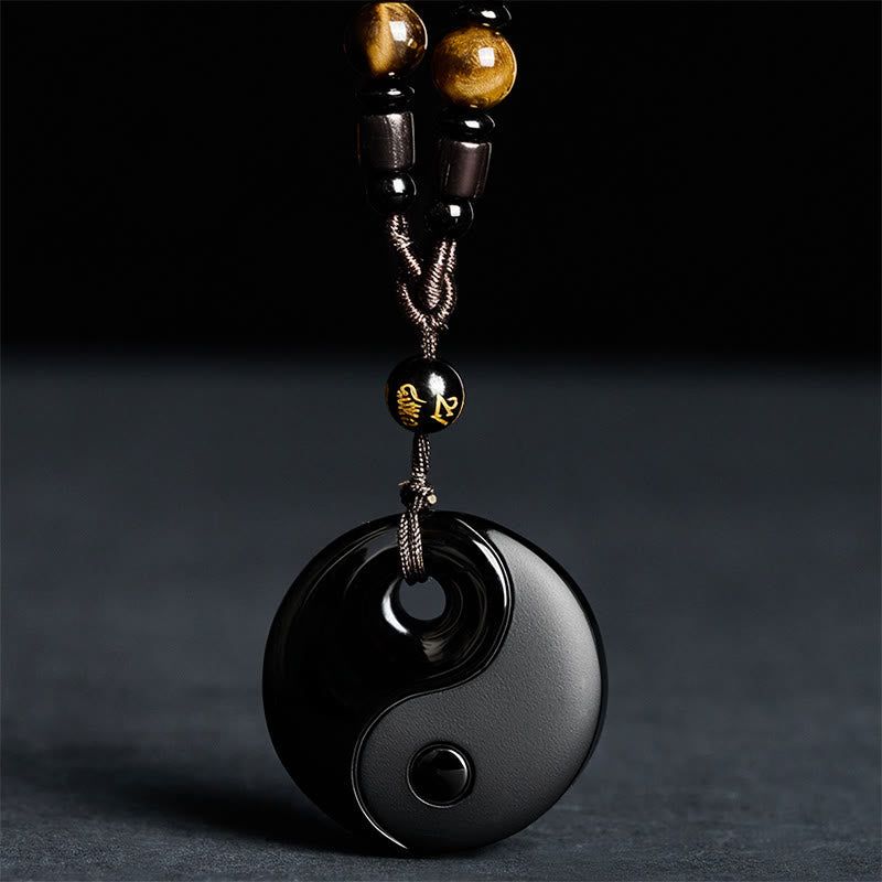 Fortune Jewel Yin Yang Symbol Om Mani Padme Hum Black Obsidian Strength Necklace Pendant - Fortune Jewel