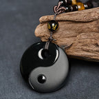 Fortune Jewel Yin Yang Symbol Om Mani Padme Hum Black Obsidian Strength Necklace Pendant - Fortune Jewel