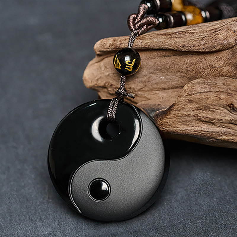 Fortune Jewel Yin Yang Symbol Om Mani Padme Hum Black Obsidian Strength Necklace Pendant - Fortune Jewel