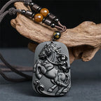Fortune Jewel Year of the Horse Monkey Pattern Om Mani Padme Hum Black Obsidian Strength Necklace Pendant - Fortune Jewel
