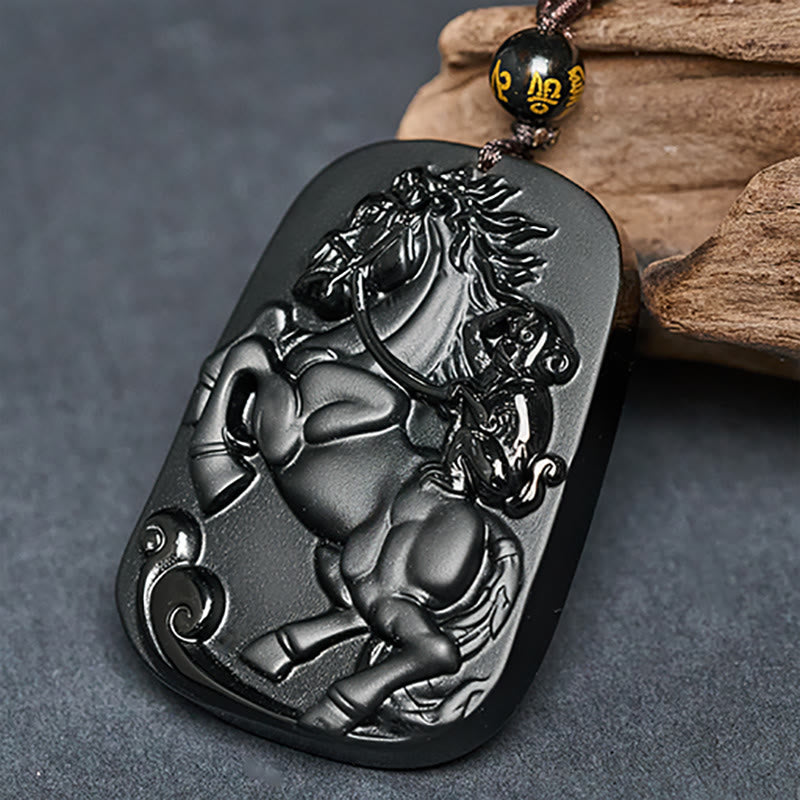 Fortune Jewel Year of the Horse Monkey Pattern Om Mani Padme Hum Black Obsidian Strength Necklace Pendant - Fortune Jewel