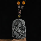Fortune Jewel Year of the Horse Monkey Pattern Om Mani Padme Hum Black Obsidian Strength Necklace Pendant - Fortune Jewel