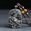 Fortune Jewel Year of the Horse Monkey Pattern Om Mani Padme Hum Black Obsidian Strength Necklace Pendant - Fortune Jewel