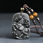 Fortune Jewel Year of the Horse Monkey Pattern Om Mani Padme Hum Black Obsidian Strength Necklace Pendant - Fortune Jewel