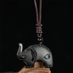 Fortune Jewel Elephant Symbol Carved Design Black Obsidian Strength Necklace Pendant - Fortune Jewel