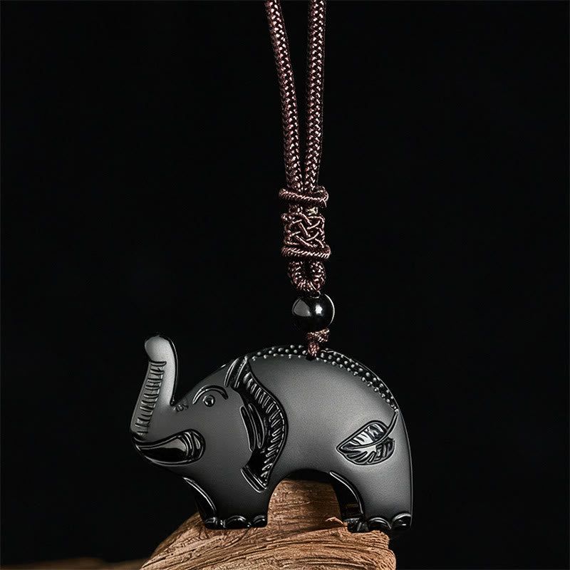 Fortune Jewel Elephant Symbol Carved Design Black Obsidian Strength Necklace Pendant - Fortune Jewel