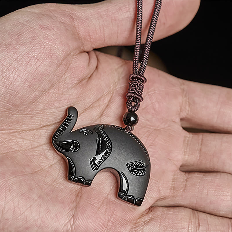 Fortune Jewel Elephant Symbol Carved Design Black Obsidian Strength Necklace Pendant - Fortune Jewel