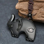 Fortune Jewel Elephant Symbol Carved Design Black Obsidian Strength Necklace Pendant - Fortune Jewel