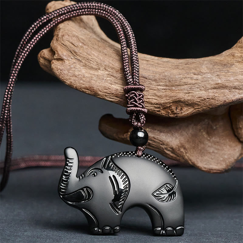Fortune Jewel Elephant Symbol Carved Design Black Obsidian Strength Necklace Pendant - Fortune Jewel