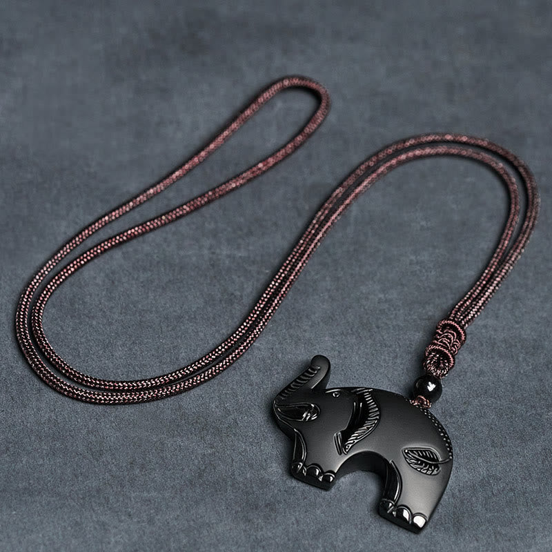 Fortune Jewel Elephant Symbol Carved Design Black Obsidian Strength Necklace Pendant - Fortune Jewel