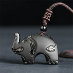 Fortune Jewel Elephant Symbol Carved Design Black Obsidian Strength Necklace Pendant - Fortune Jewel