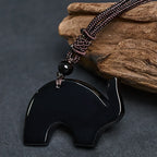 Fortune Jewel Elephant Symbol Carved Design Black Obsidian Strength Necklace Pendant - Fortune Jewel