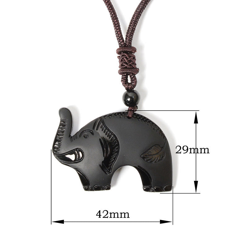 Fortune Jewel Elephant Symbol Carved Design Black Obsidian Strength Necklace Pendant - Fortune Jewel