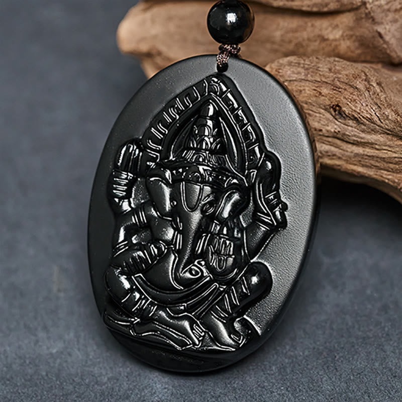 Fortune Jewel Ganesh Elephant Relief Design Natural Black Obsidian Strength Necklace Pendant - Fortune Jewel