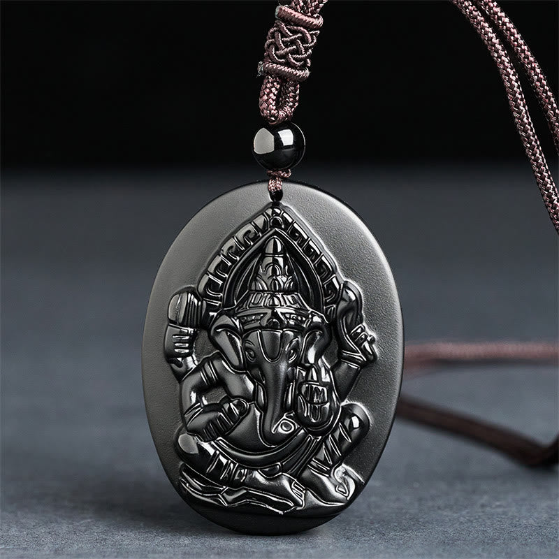 Fortune Jewel Ganesh Elephant Relief Design Natural Black Obsidian Strength Necklace Pendant - Fortune Jewel