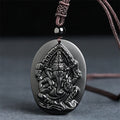 Fortune Jewel Ganesh Elephant Relief Design Natural Black Obsidian Strength Necklace Pendant - Fortune Jewel