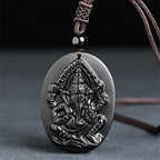 Fortune Jewel Ganesh Elephant Relief Design Natural Black Obsidian Strength Necklace Pendant - Fortune Jewel
