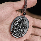 Fortune Jewel Ganesh Elephant Relief Design Natural Black Obsidian Strength Necklace Pendant - Fortune Jewel