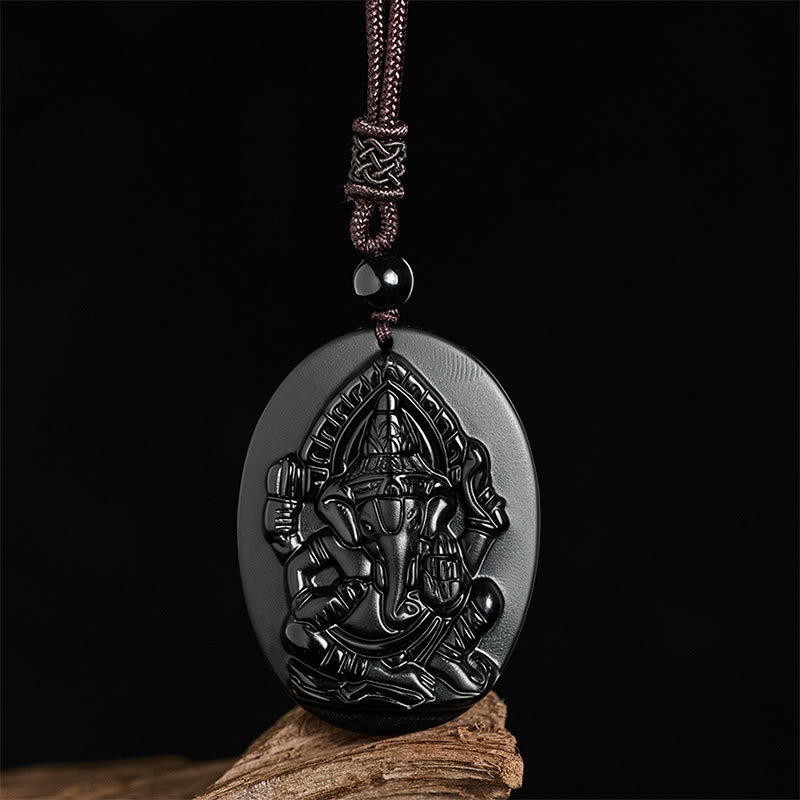 Fortune Jewel Ganesh Elephant Relief Design Natural Black Obsidian Strength Necklace Pendant - Fortune Jewel