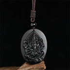 Fortune Jewel Ganesh Elephant Relief Design Natural Black Obsidian Strength Necklace Pendant - Fortune Jewel