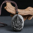 Fortune Jewel Ganesh Elephant Relief Design Natural Black Obsidian Strength Necklace Pendant - Fortune Jewel