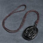 Fortune Jewel Ganesh Elephant Relief Design Natural Black Obsidian Strength Necklace Pendant - Fortune Jewel