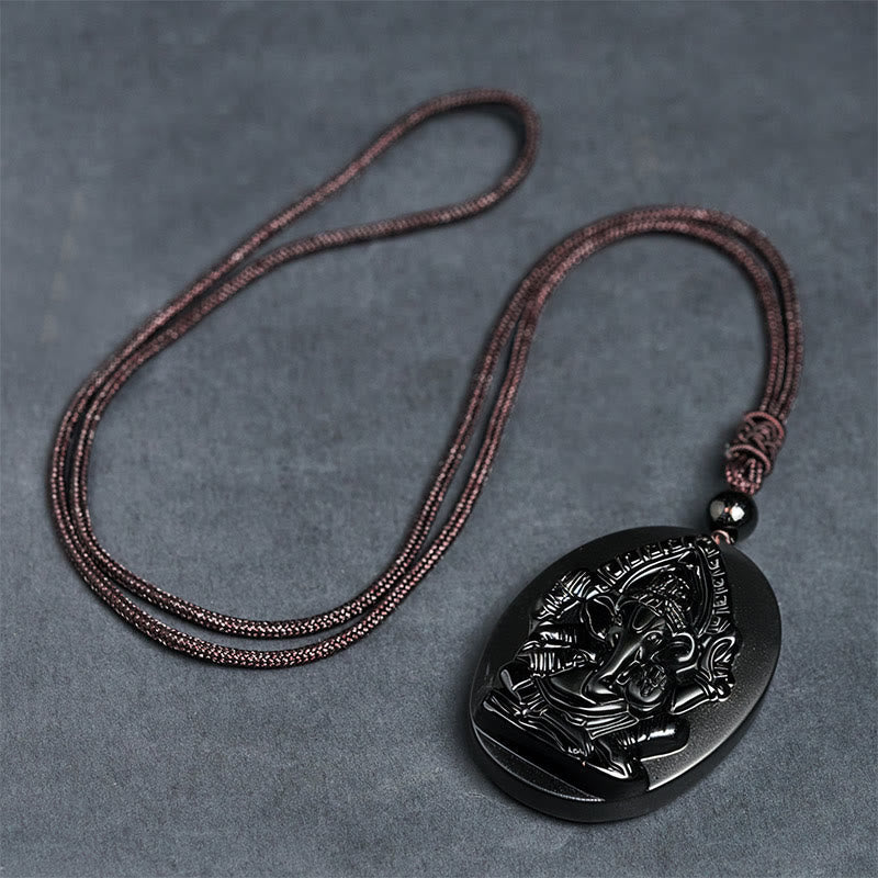 Fortune Jewel Ganesh Elephant Relief Design Natural Black Obsidian Strength Necklace Pendant - Fortune Jewel