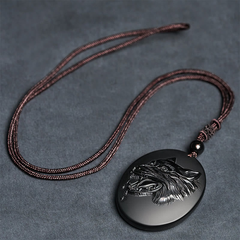 Fortune Jewel Wolf Head Natural Black Obsidian Strength Necklace Pendant - Fortune Jewel