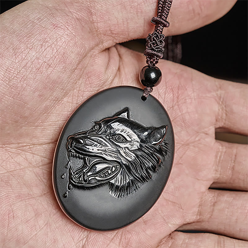 Fortune Jewel Wolf Head Natural Black Obsidian Strength Necklace Pendant - Fortune Jewel