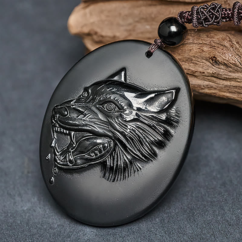 Fortune Jewel Wolf Head Natural Black Obsidian Strength Necklace Pendant - Fortune Jewel