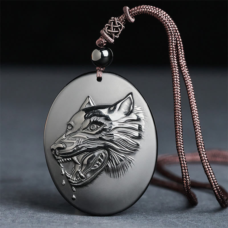 Fortune Jewel Wolf Head Natural Black Obsidian Strength Necklace Pendant - Fortune Jewel