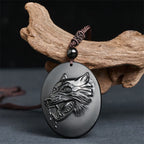 Fortune Jewel Wolf Head Natural Black Obsidian Strength Necklace Pendant - Fortune Jewel