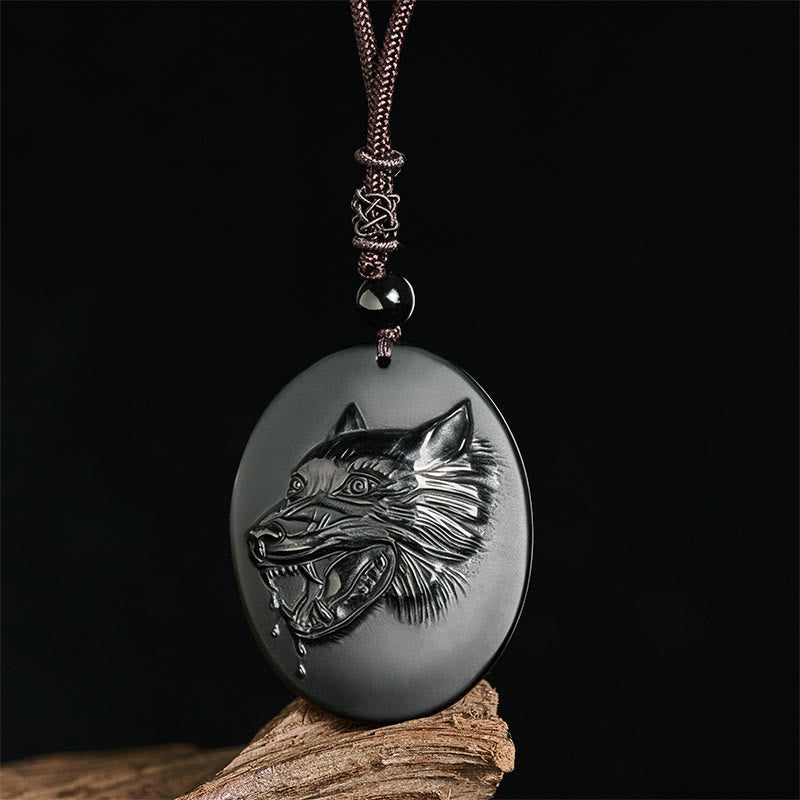 Fortune Jewel Wolf Head Natural Black Obsidian Strength Necklace Pendant - Fortune Jewel