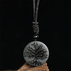 Buddha Stones Natural The Tree of Life Pattern Black Obsidian Transformation Necklace Pendant - Fortune Jewel