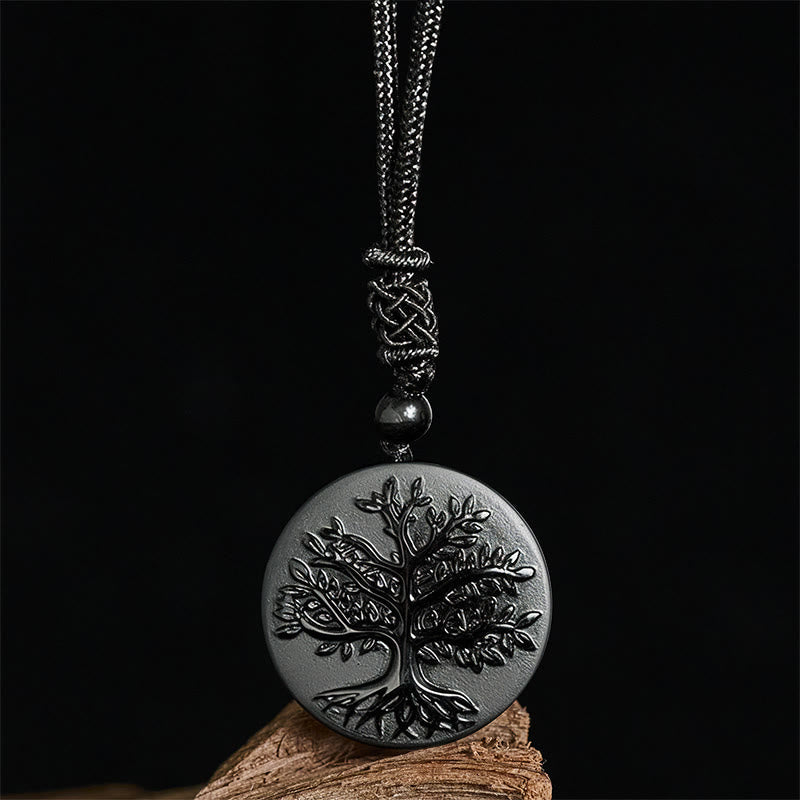 Buddha Stones Natural The Tree of Life Pattern Black Obsidian Transformation Necklace Pendant - Fortune Jewel