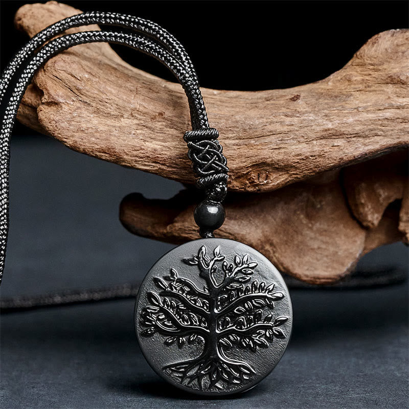Buddha Stones Natural The Tree of Life Pattern Black Obsidian Transformation Necklace Pendant - Fortune Jewel