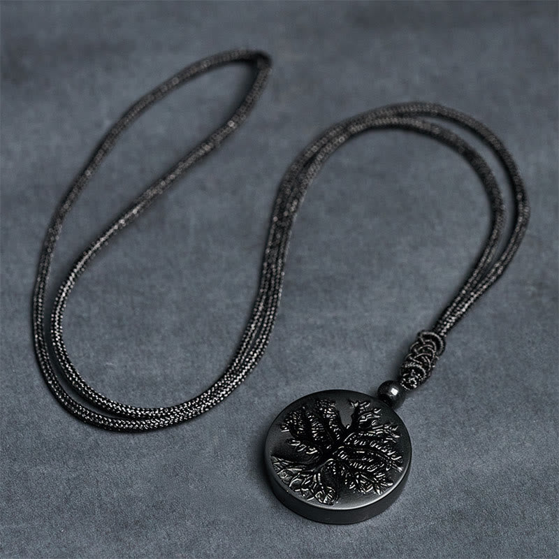 Buddha Stones Natural The Tree of Life Pattern Black Obsidian Transformation Necklace Pendant - Fortune Jewel