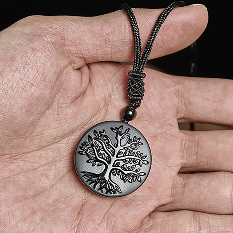 Buddha Stones Natural The Tree of Life Pattern Black Obsidian Transformation Necklace Pendant - Fortune Jewel