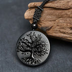 Buddha Stones Natural The Tree of Life Pattern Black Obsidian Transformation Necklace Pendant - Fortune Jewel