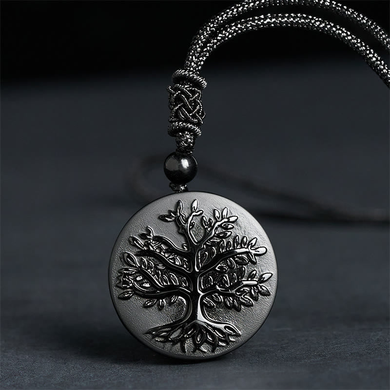 Buddha Stones Natural The Tree of Life Pattern Black Obsidian Transformation Necklace Pendant - Fortune Jewel