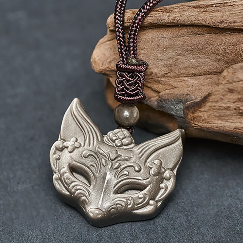 Fortune Jewel Relief Fox Design Silver Sheen Obsidian Ice Obsidian Protection Necklace Pendant - Fortune Jewel