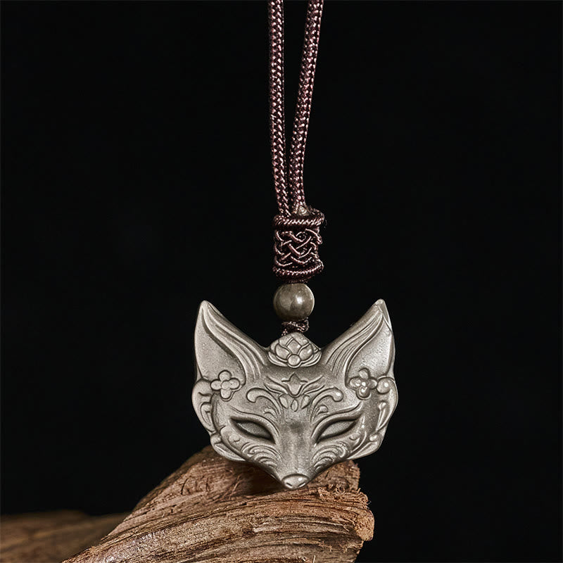 Fortune Jewel Relief Fox Design Silver Sheen Obsidian Ice Obsidian Protection Necklace Pendant - Fortune Jewel