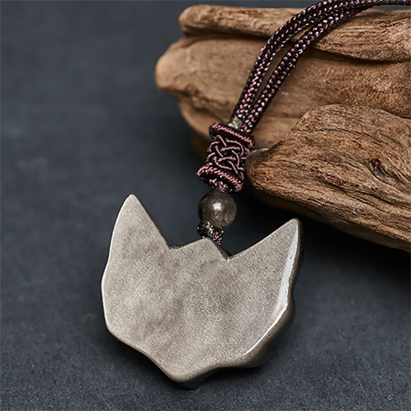 Fortune Jewel Relief Fox Design Silver Sheen Obsidian Ice Obsidian Protection Necklace Pendant - Fortune Jewel