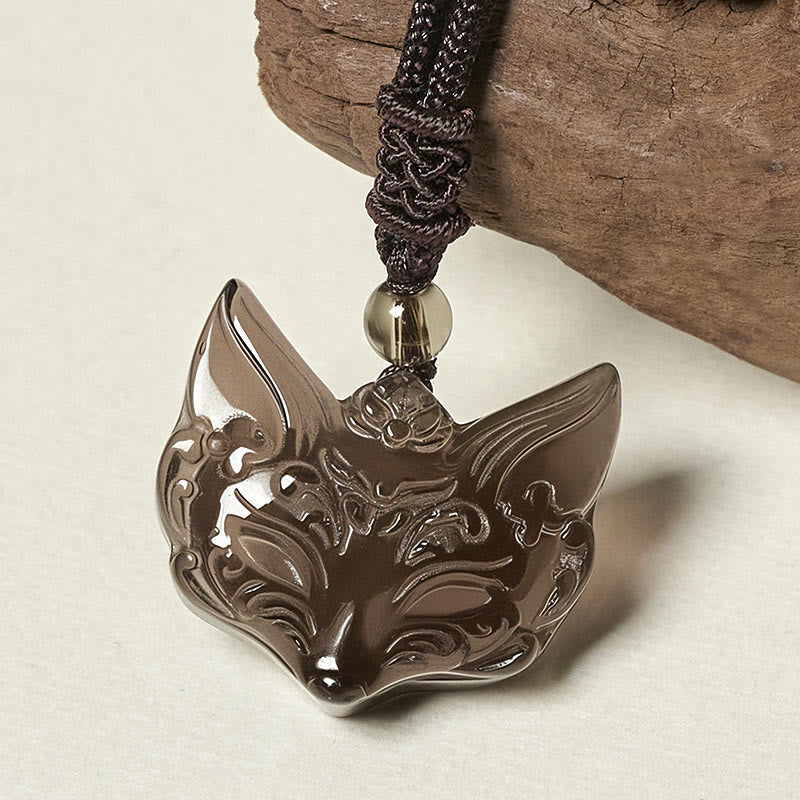Fortune Jewel Relief Fox Design Silver Sheen Obsidian Ice Obsidian Protection Necklace Pendant - Fortune Jewel