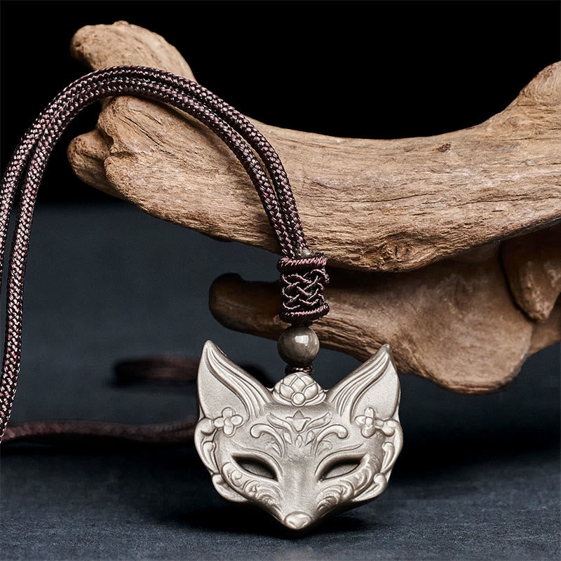 Fortune Jewel Relief Fox Design Silver Sheen Obsidian Ice Obsidian Protection Necklace Pendant - Fortune Jewel