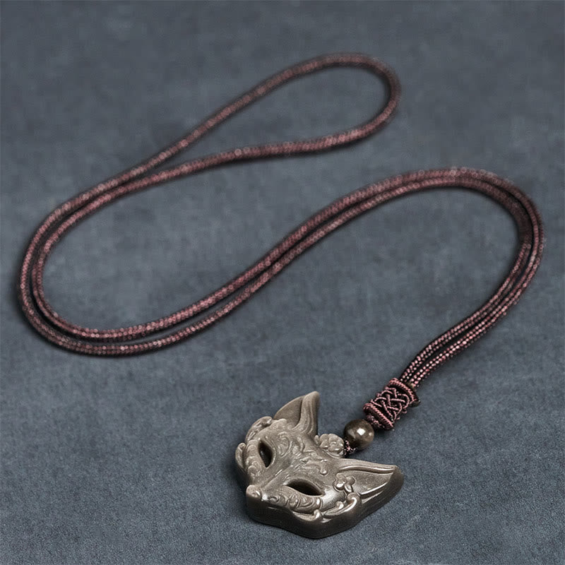 Fortune Jewel Relief Fox Design Silver Sheen Obsidian Ice Obsidian Protection Necklace Pendant - Fortune Jewel